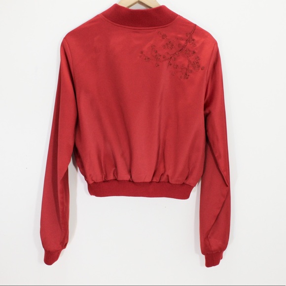 GUESS Cropped Bomber Cherry Blossoms Red Spring Fall Jacket Lightweight Large L - Picture 3 of 11